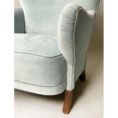 355 - ARMCHAIR, early 20th century with button back duck egg blue plush velvet upholstery and swept suppor... 