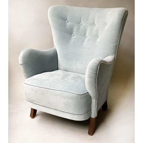 355 - ARMCHAIR, early 20th century with button back duck egg blue plush velvet upholstery and swept suppor... 