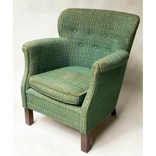 357 - DANISH WING ARMCHAIR, 1950's woven green upholstery with button back and rounded arms, 70cm W.