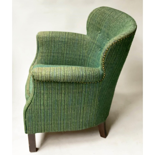 357 - DANISH WING ARMCHAIR, 1950's woven green upholstery with button back and rounded arms, 70cm W.