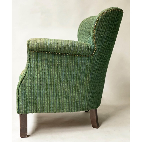 357 - DANISH WING ARMCHAIR, 1950's woven green upholstery with button back and rounded arms, 70cm W.