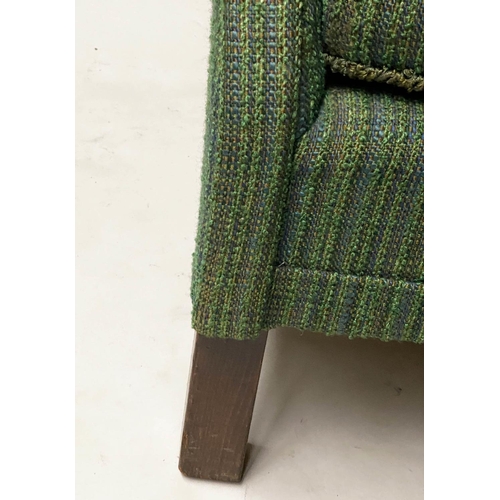 357 - DANISH WING ARMCHAIR, 1950's woven green upholstery with button back and rounded arms, 70cm W.