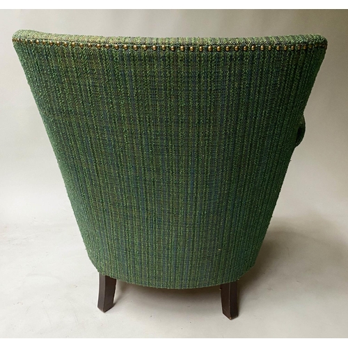 357 - DANISH WING ARMCHAIR, 1950's woven green upholstery with button back and rounded arms, 70cm W.