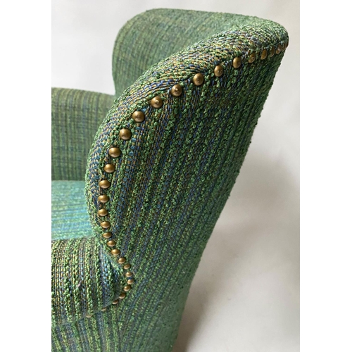 357 - DANISH WING ARMCHAIR, 1950's woven green upholstery with button back and rounded arms, 70cm W.