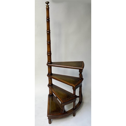 392 - LIBRARY STEPS, a set Georgian style mahogany with four spiral, leather tread steps, 112cm H x 40cm.