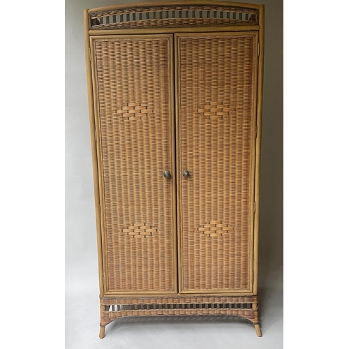 395 - WARDROBE, Anglo Colonial style rattan and cane panelled with two doors enclosing full hanging space,... 