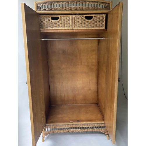 395 - WARDROBE, Anglo Colonial style rattan and cane panelled with two doors enclosing full hanging space,... 