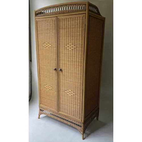 395 - WARDROBE, Anglo Colonial style rattan and cane panelled with two doors enclosing full hanging space,... 