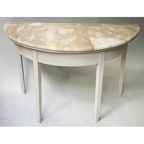 396 - CONSOLE TABLE, George III demi lune grey painted with sienna marble top, 115cm x 73cm H x 54cm.