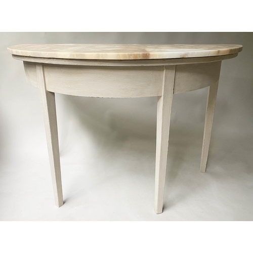 396 - CONSOLE TABLE, George III demi lune grey painted with sienna marble top, 115cm x 73cm H x 54cm.