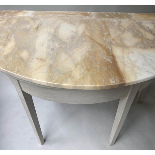 396 - CONSOLE TABLE, George III demi lune grey painted with sienna marble top, 115cm x 73cm H x 54cm.