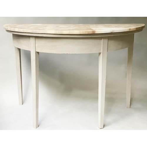 396 - CONSOLE TABLE, George III demi lune grey painted with sienna marble top, 115cm x 73cm H x 54cm.