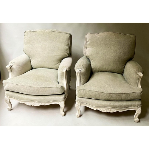 397 - BERGERES, a pair, French Louis XV style grey painted with feather seat and back cushions, 84cm W. (2... 