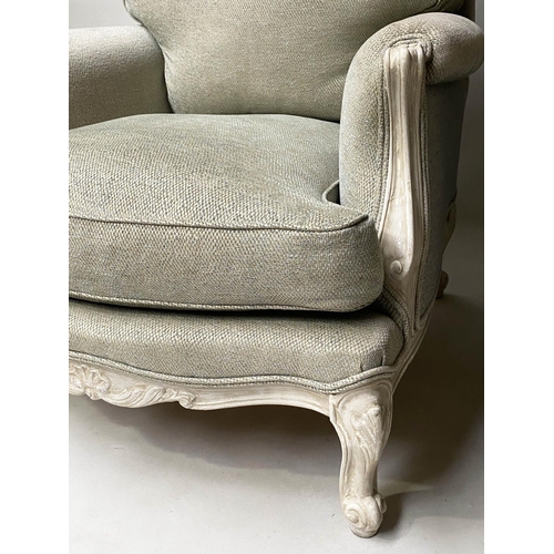 397 - BERGERES, a pair, French Louis XV style grey painted with feather seat and back cushions, 84cm W. (2... 