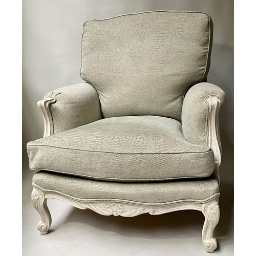 397 - BERGERES, a pair, French Louis XV style grey painted with feather seat and back cushions, 84cm W. (2... 