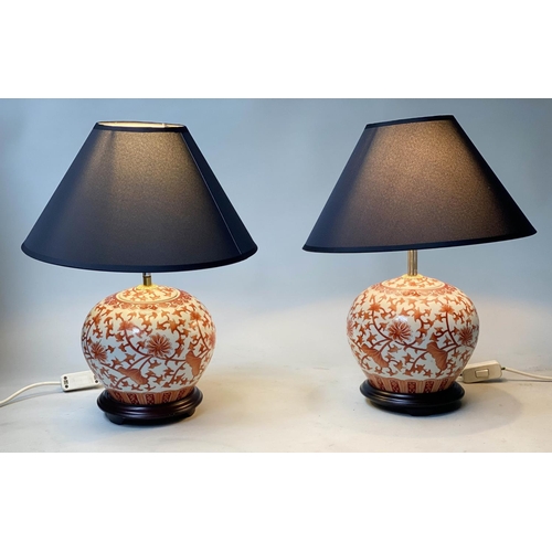 399 - TABLE LAMPS, a pair, 46cm H, Chinese ceramic terracotta/white, of vase form, with shades. (2)