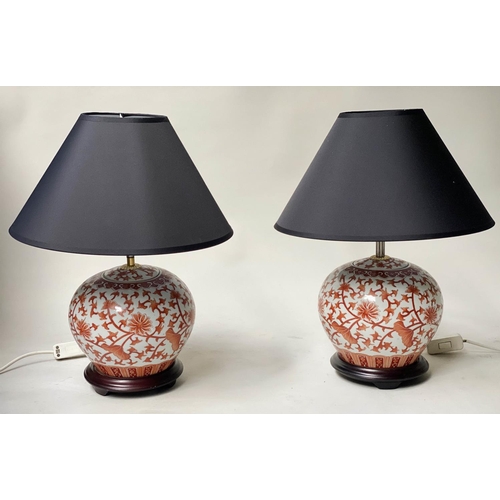 399 - TABLE LAMPS, a pair, 46cm H, Chinese ceramic terracotta/white, of vase form, with shades. (2)