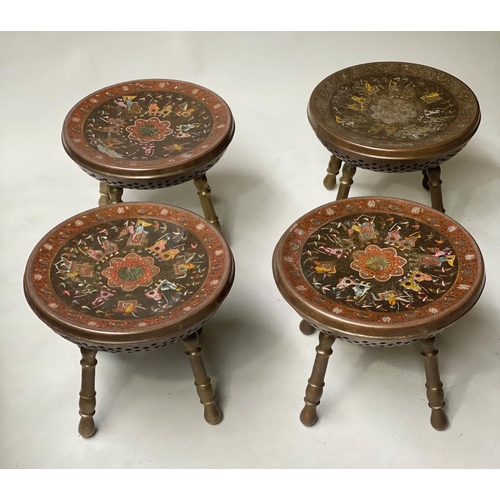 401 - INDO-PERSIAN STOOLS, four, 30cm diam. x 30cm H, incised brass and coloured, with pierced undercarria... 