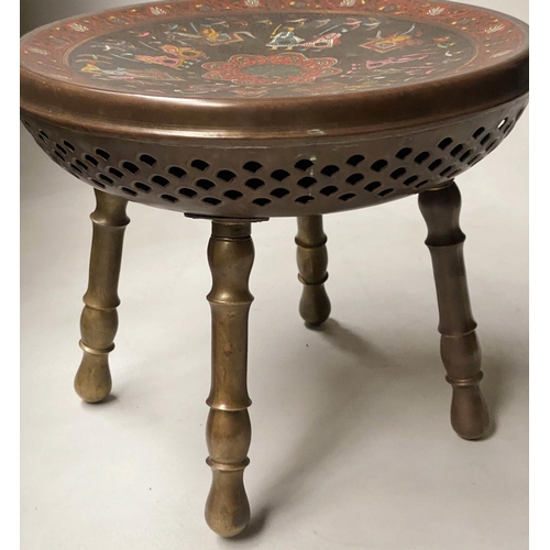 401 - INDO-PERSIAN STOOLS, four, 30cm diam. x 30cm H, incised brass and coloured, with pierced undercarria... 