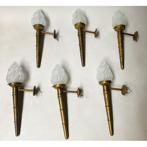 402 - WALL LIGHTS, a set of six, 52cm H, brass, torchere form, wall  mounting, with frosted glass flambeau... 