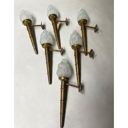 402 - WALL LIGHTS, a set of six, 52cm H, brass, torchere form, wall  mounting, with frosted glass flambeau... 