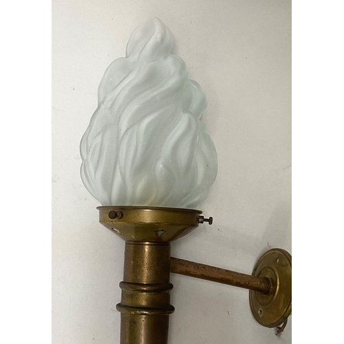 402 - WALL LIGHTS, a set of six, 52cm H, brass, torchere form, wall  mounting, with frosted glass flambeau... 