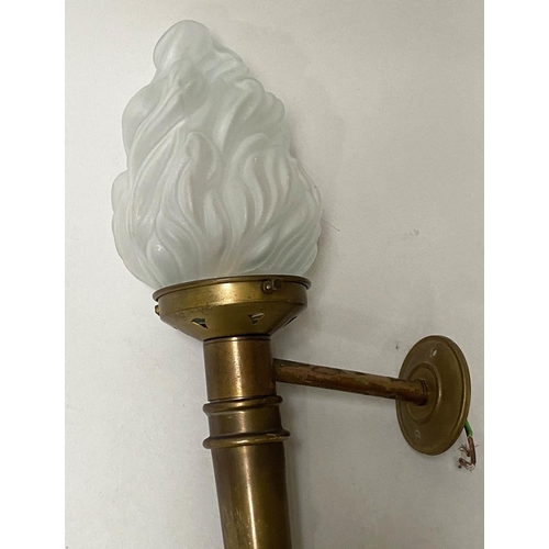 402 - WALL LIGHTS, a set of six, 52cm H, brass, torchere form, wall  mounting, with frosted glass flambeau... 