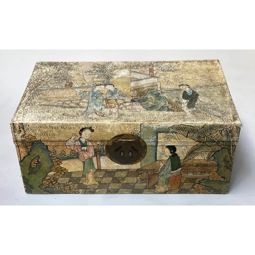 403 - TRUNK/HAND CASE,  43cm W x 26cm D x 18cm H, early 20th century Chinese, hand painted, velum style, w... 