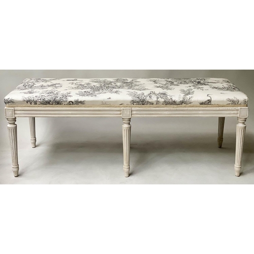 407 - HEARTH STOOL, late 19th/early 20th century French Louis XVI style grey painted with toile de jouy co... 