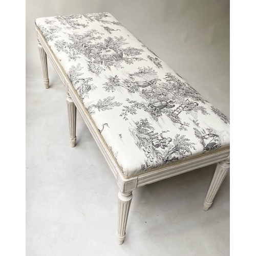 407 - HEARTH STOOL, late 19th/early 20th century French Louis XVI style grey painted with toile de jouy co... 