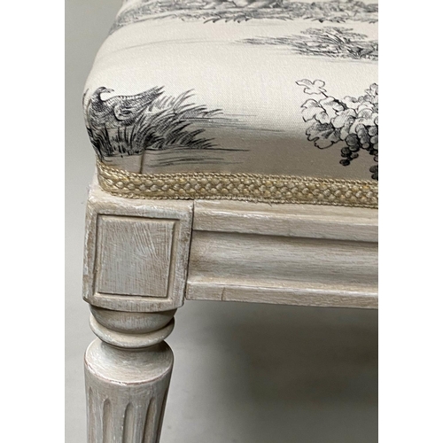 407 - HEARTH STOOL, late 19th/early 20th century French Louis XVI style grey painted with toile de jouy co... 