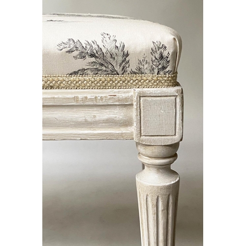 407 - HEARTH STOOL, late 19th/early 20th century French Louis XVI style grey painted with toile de jouy co... 