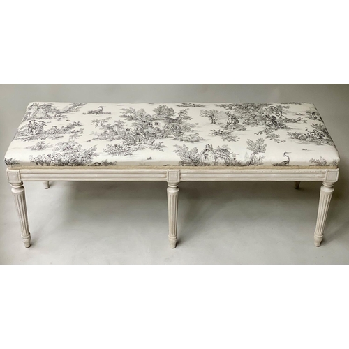 407 - HEARTH STOOL, late 19th/early 20th century French Louis XVI style grey painted with toile de jouy co... 