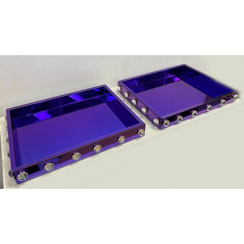 199 - COCKTAIL TRAYS, a pair, 70cm x 49cm x 39cm, 1970s Italian style, electric blue mirrored finish. (2)