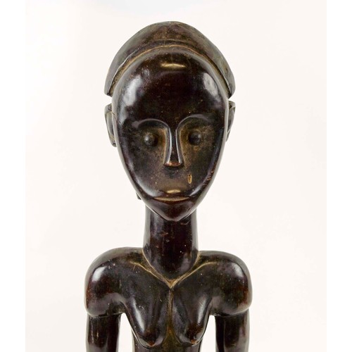 364 - FANG FEMALE ANCESTOR RITUAL FIGURE, carved wood, polished on a metal stand, characteristic of Ntumu ... 