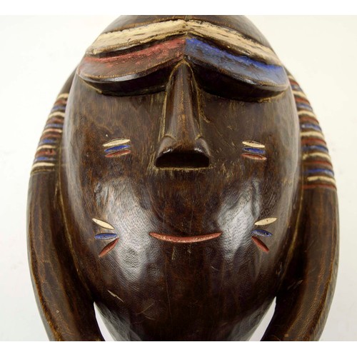 377 - BAOULE MASK, carved and painted wood, blue, red, white, Ivory Coast, 45cm x 24cm.