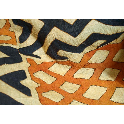 371 - KUBA TEXTILES, two, one with black background with yellow, orange and white diamond pattern, other w... 