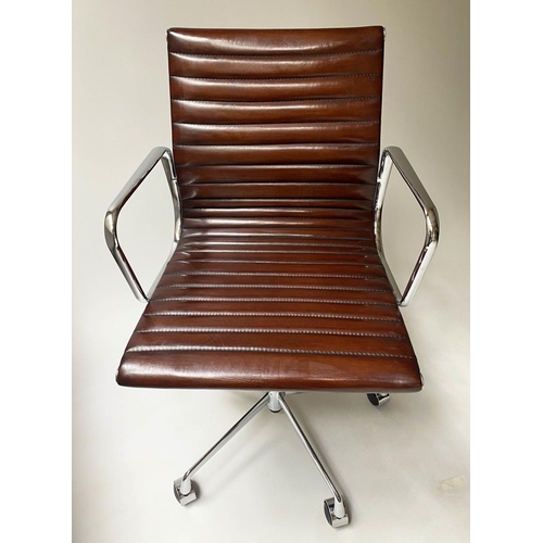 406 - REVOLVING DESK CHAIR, Charles and Ray Eames inspired ribbed leather revolving and reclining on an ad... 