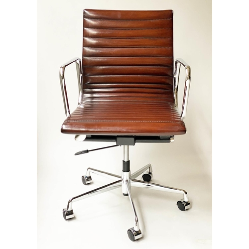 406 - REVOLVING DESK CHAIR, Charles and Ray Eames inspired ribbed leather revolving and reclining on an ad... 