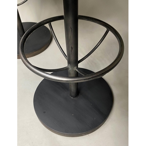 416 - BAR STOOLS, a pair, 116cm H, chair height 84cm, stitched tan leather, revolving on a steel base with... 