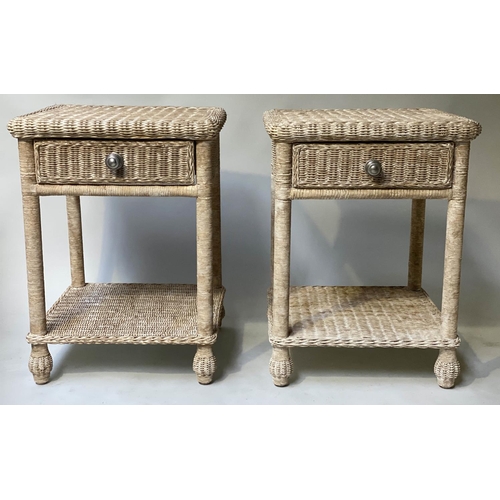 420 - LAMP TABLES, a pair, 62cm H x 47cm W x 47cm D, rattan framed and cane panelled, with drawer and unde... 