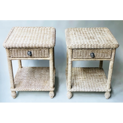 420 - LAMP TABLES, a pair, 62cm H x 47cm W x 47cm D, rattan framed and cane panelled, with drawer and unde... 