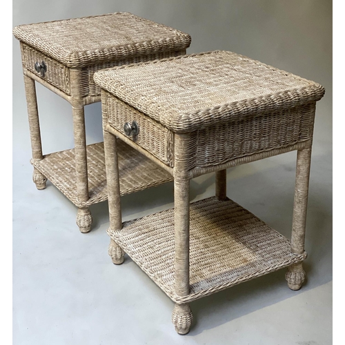 420 - LAMP TABLES, a pair, 62cm H x 47cm W x 47cm D, rattan framed and cane panelled, with drawer and unde... 