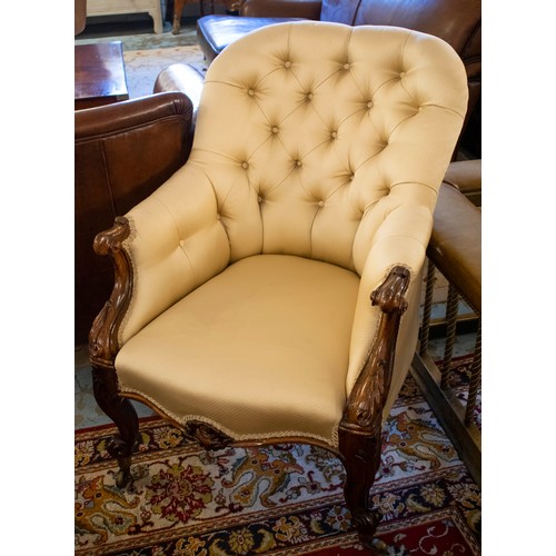 514 - ARMCHAIR, 65cm W x 88cm H, mid Victorian rosewood frame with a buttoned back in cream damask.