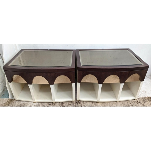 70 - SIDE CABINETS, a pair, 70cm x 45cm x 50cm, contemporary design, velumn and gilt detail, lined drawer... 