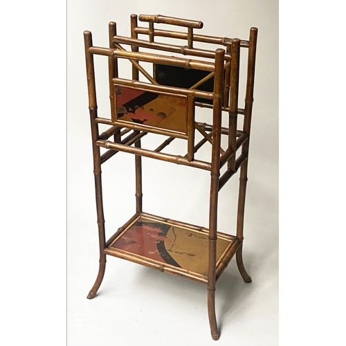 454 - RACK/SIDE TABLE, 19th century bamboo and scarlet and gilt Japanese lacquered panels with dividers an... 