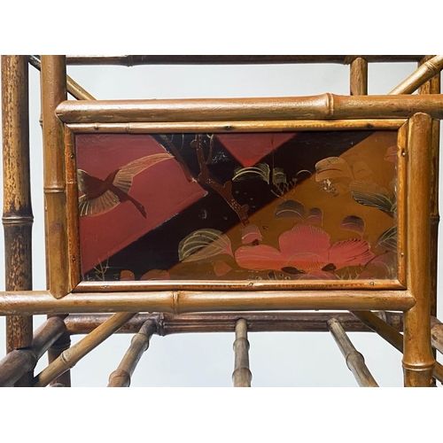 454 - RACK/SIDE TABLE, 19th century bamboo and scarlet and gilt Japanese lacquered panels with dividers an... 