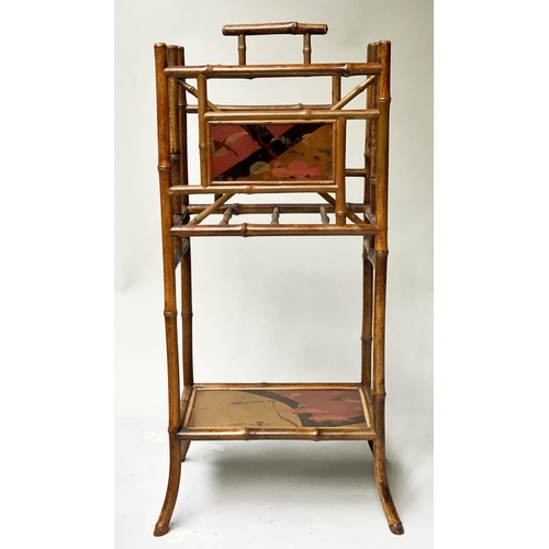 454 - RACK/SIDE TABLE, 19th century bamboo and scarlet and gilt Japanese lacquered panels with dividers an... 