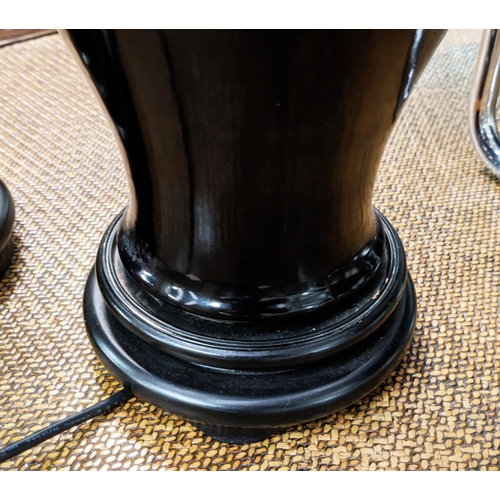142 - TABLE LAMPS, a pair, black urn shaped, each 87cm H including shades. (2)