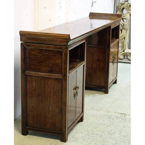 483 - SCRIBES TABLE, 96cm H x 220cm x 44cm, 19th century Chinese lacquered elm with twin pedestals and fou... 